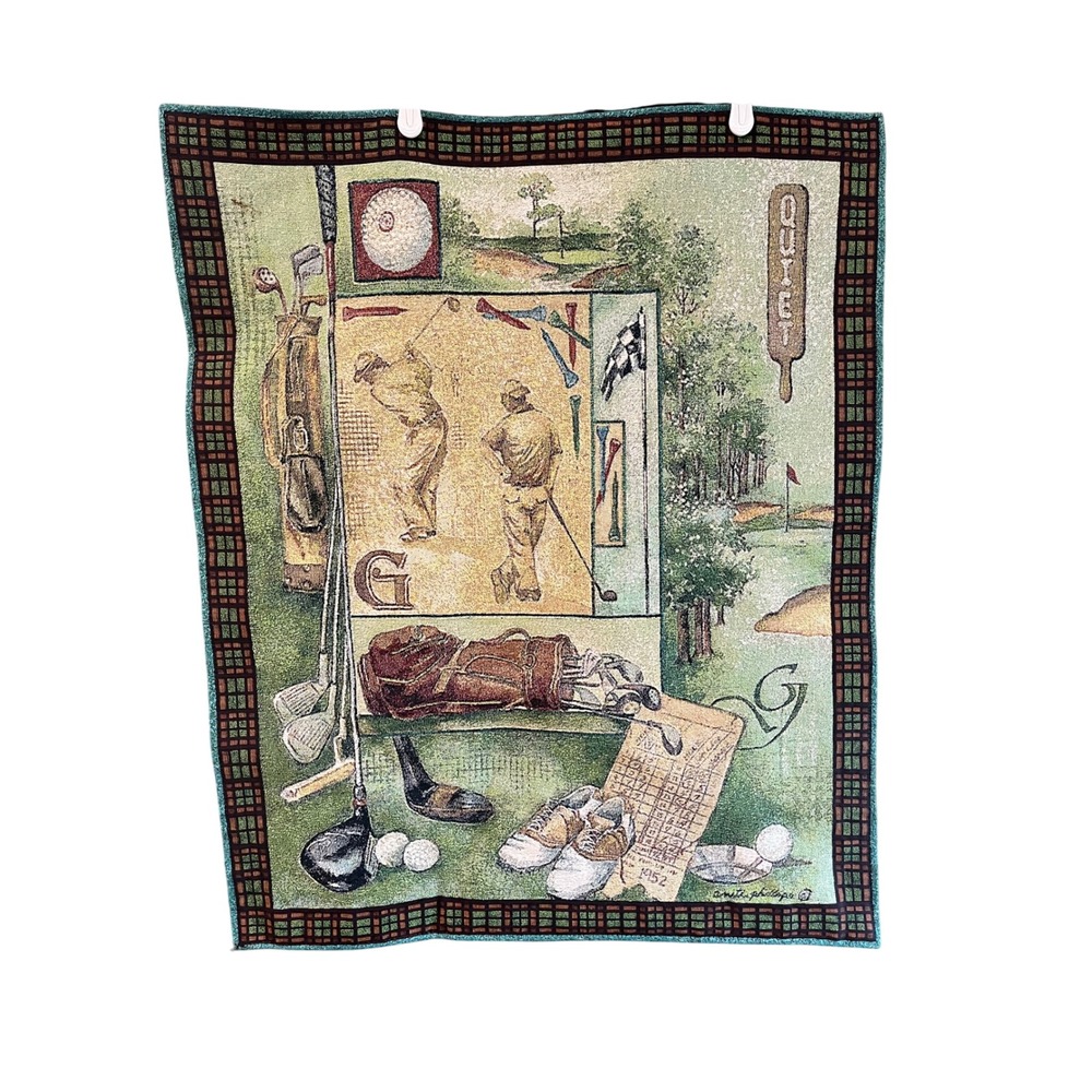 Vintage Golf Tapestry Wall Hanging Decor Golfing‎ Scene Art home EUC